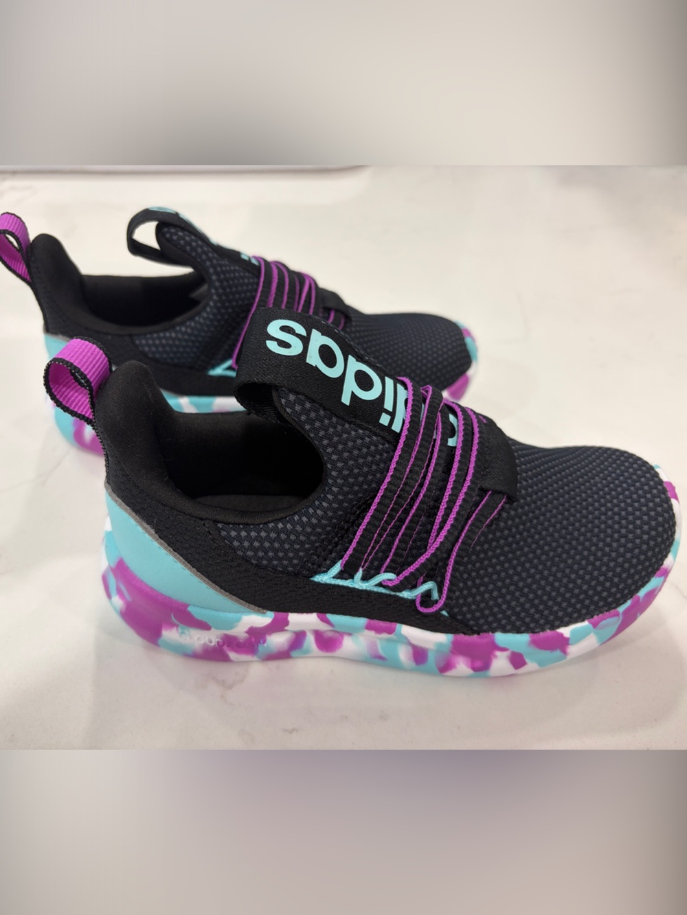 adidas Kids Black Sneakers with Purple and Aqua Accents